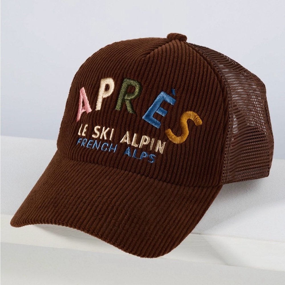 Anthropologie Brown Corduroy 'Après' Embroidered Trucker Hat NWT